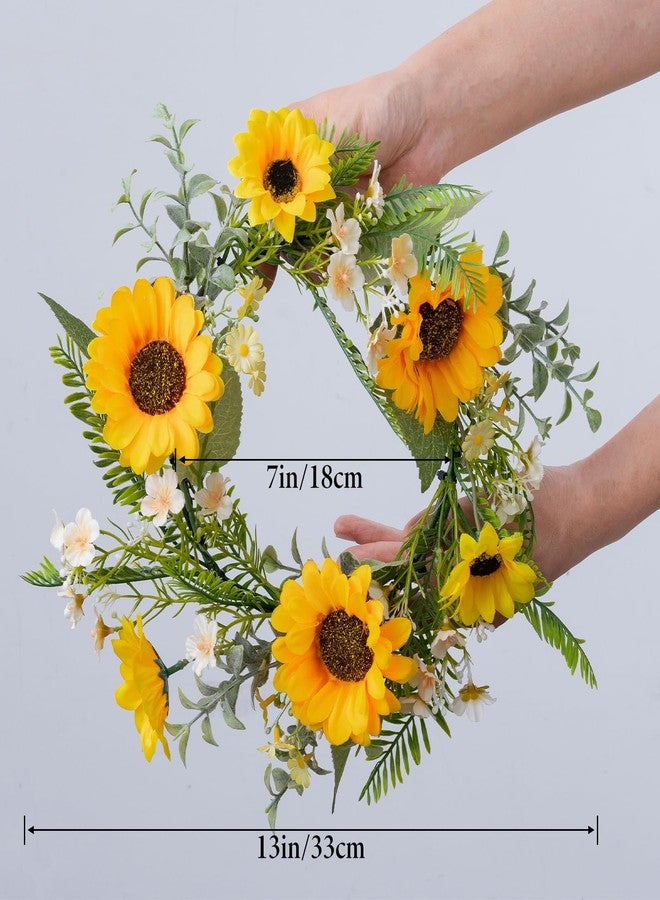 KHOYIME Sunflower Wreaths for Front Door, 13 Inch Artificial Daisy Wreath Outside All Season Decorative Yellow Floral Greenery Wreath Farmhouse Indoor Outdoor Home Porch Wall Window Hanging Decor - Image 3